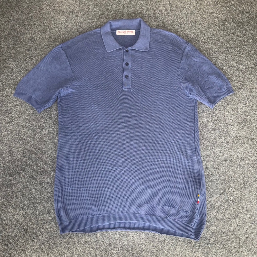 Orlebar Brown Men Large Blue Textured Knit Cotton Polo Shirt Short Sleeve Casual